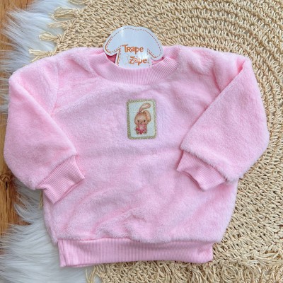 Conj. Casaco de Pelinho Coelhinha com Estrela e Calça em Plush - Rosa